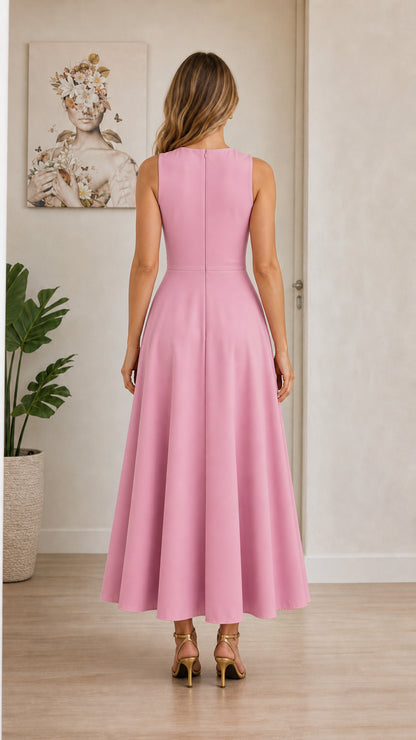 Model wearing pink midi dress back view