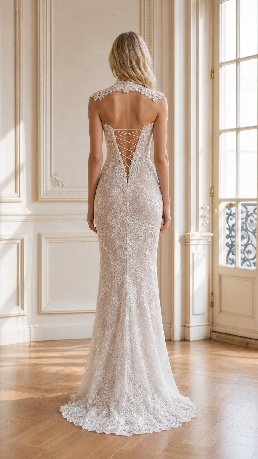 Back view of ivory formal gown featuring an open lace-up corset detail