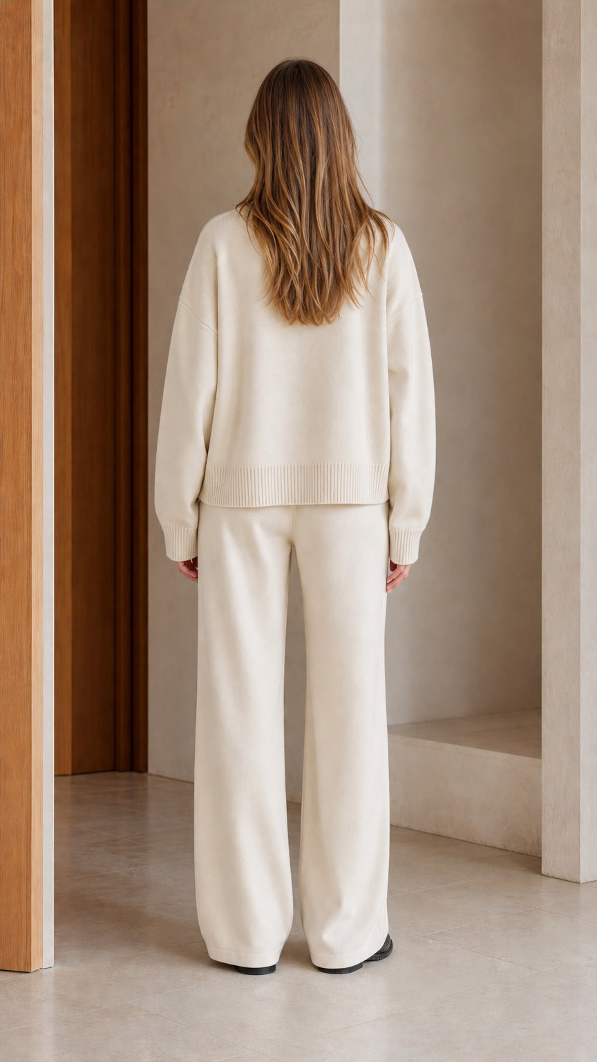 Back view of model wearing cream fine-knit cardigan and wide leg drawstring trousers