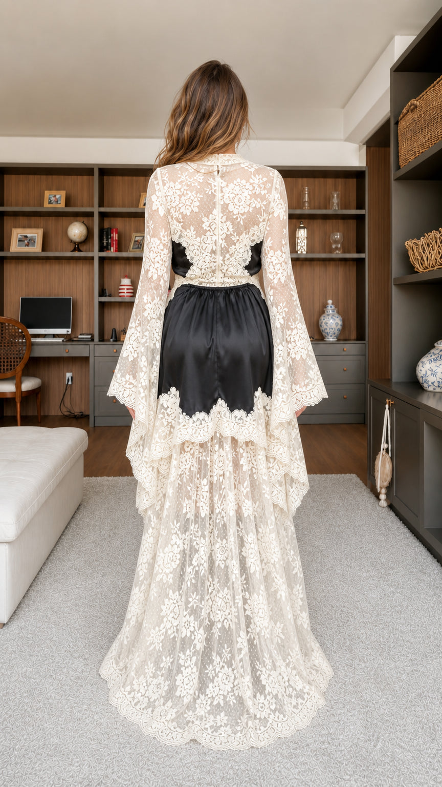 Back view of white gothic lace high-low dress showing long train