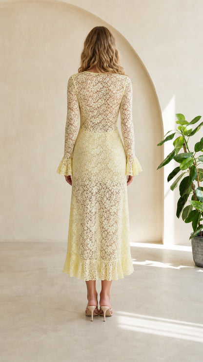 Back view of Yellow lace midi dress