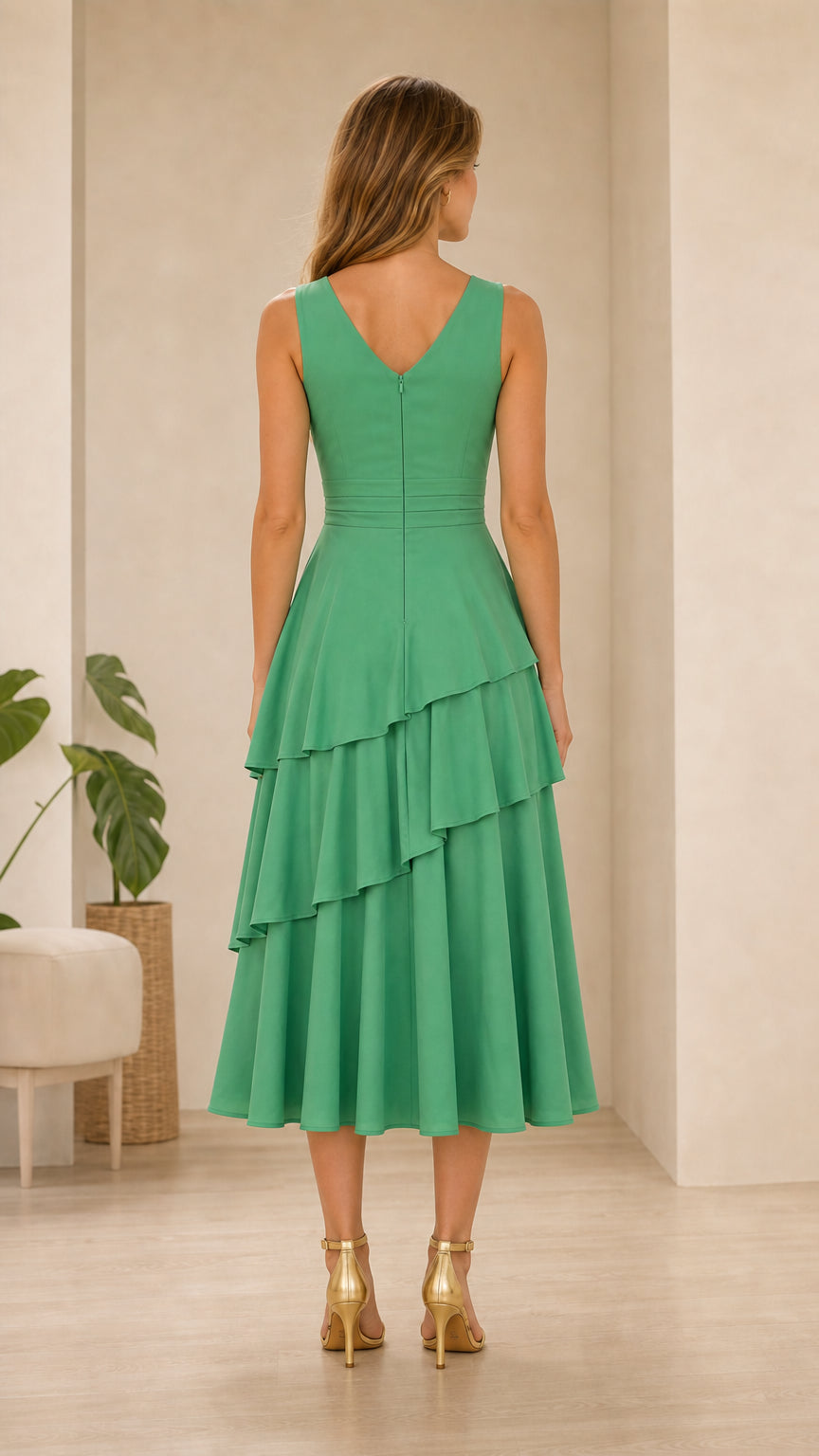Elegance Tiered V-Neck Midi Dress in Green back view