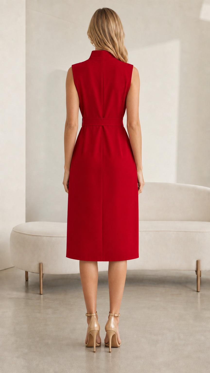 Back view of red sleeveless midi dress