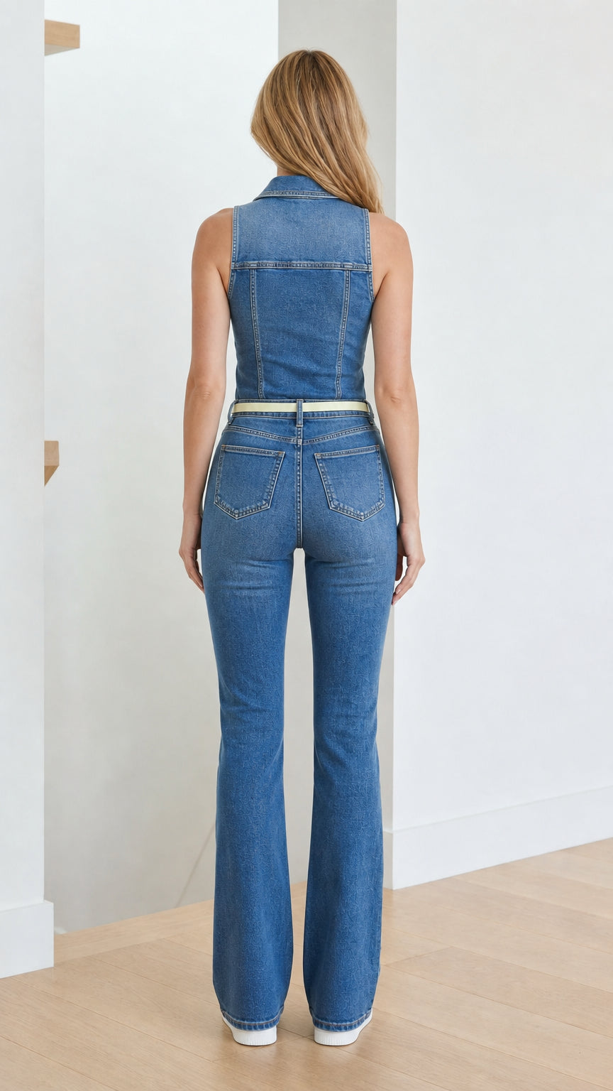 Back view of model wearing blue denim flare jumpsuit
