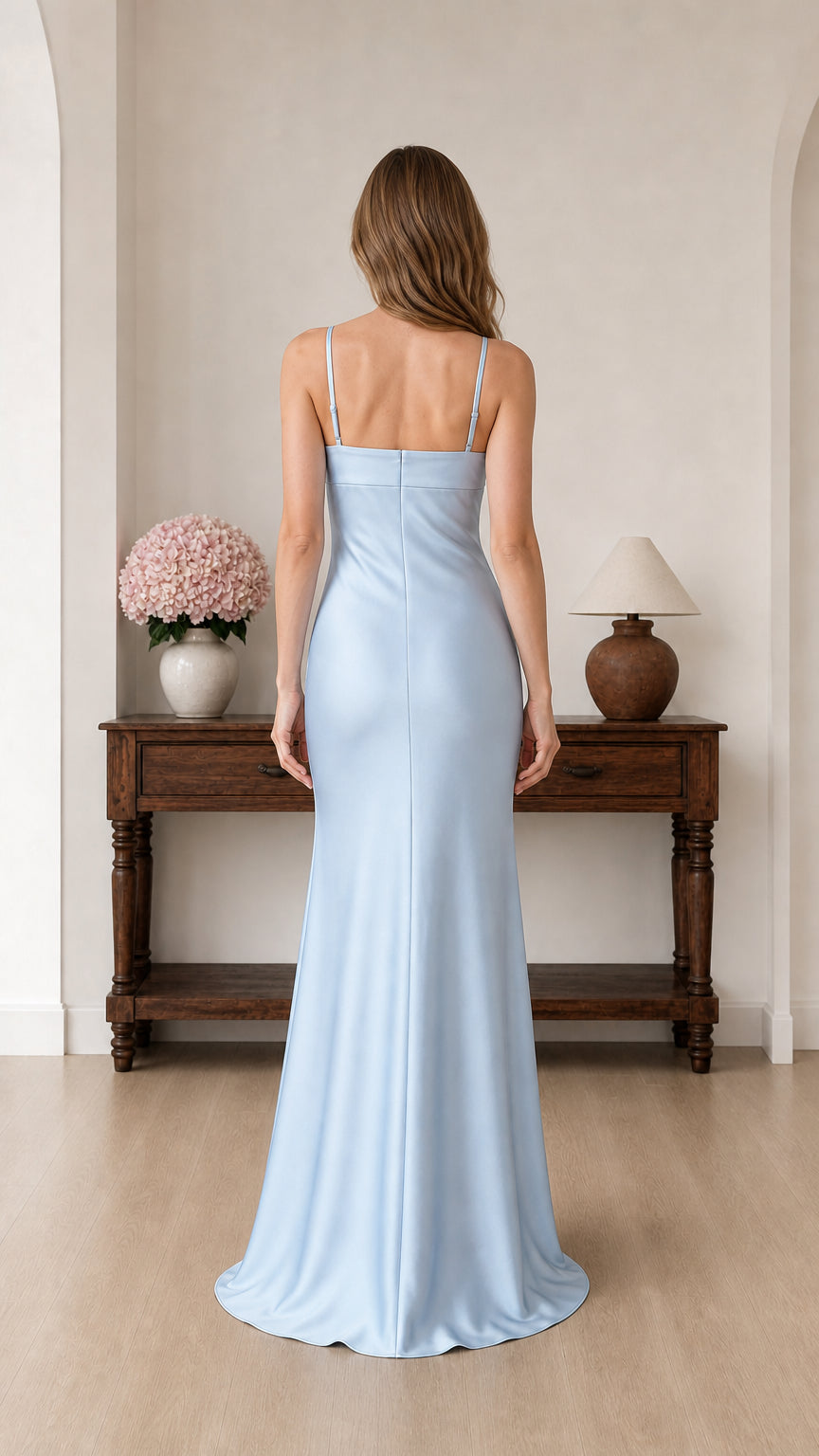 Back view of light blue satin evening dress