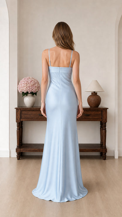 Back view of light blue satin evening dress
