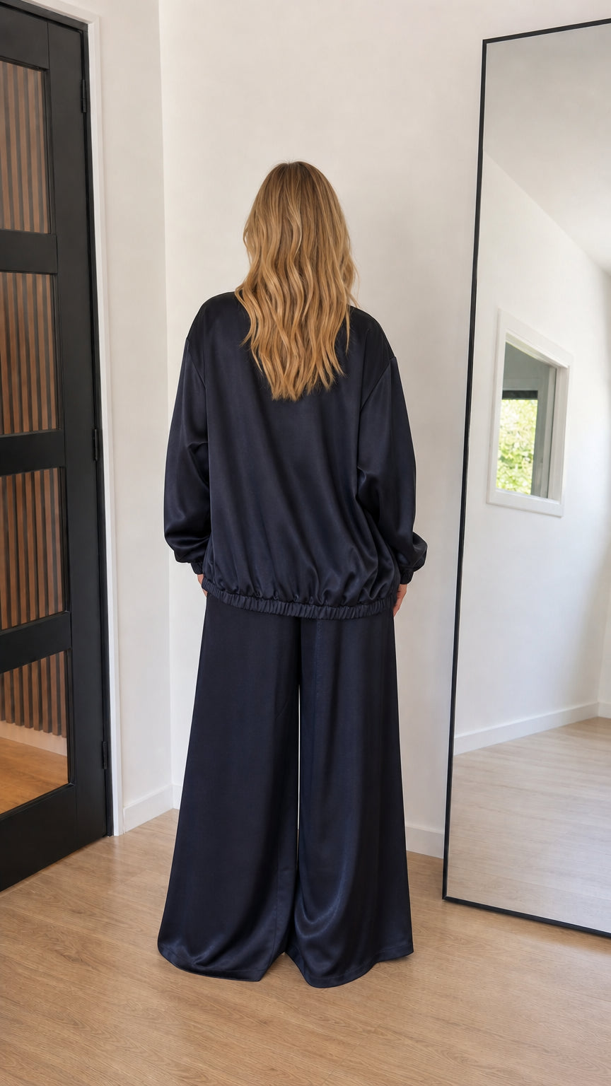 Navy blue satin two-piece pant set back view