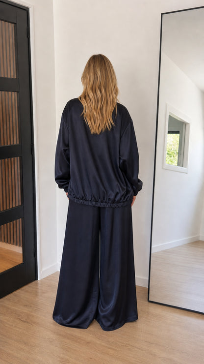 Navy blue satin two-piece pant set back view