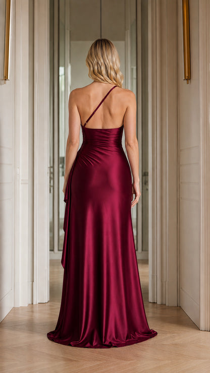 Back view of Burgundy formal maxi dress showing strap details