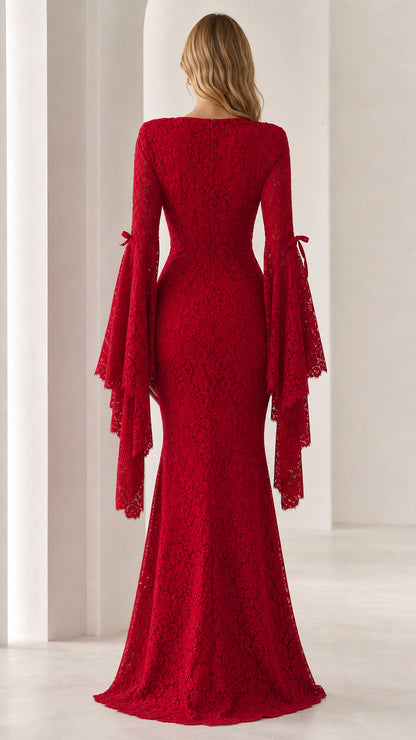 Back view of model in red lace maxi dress