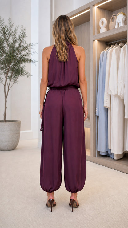 Burgundy sleeveless jumpsuit showing the clean back and tapered ankle hems