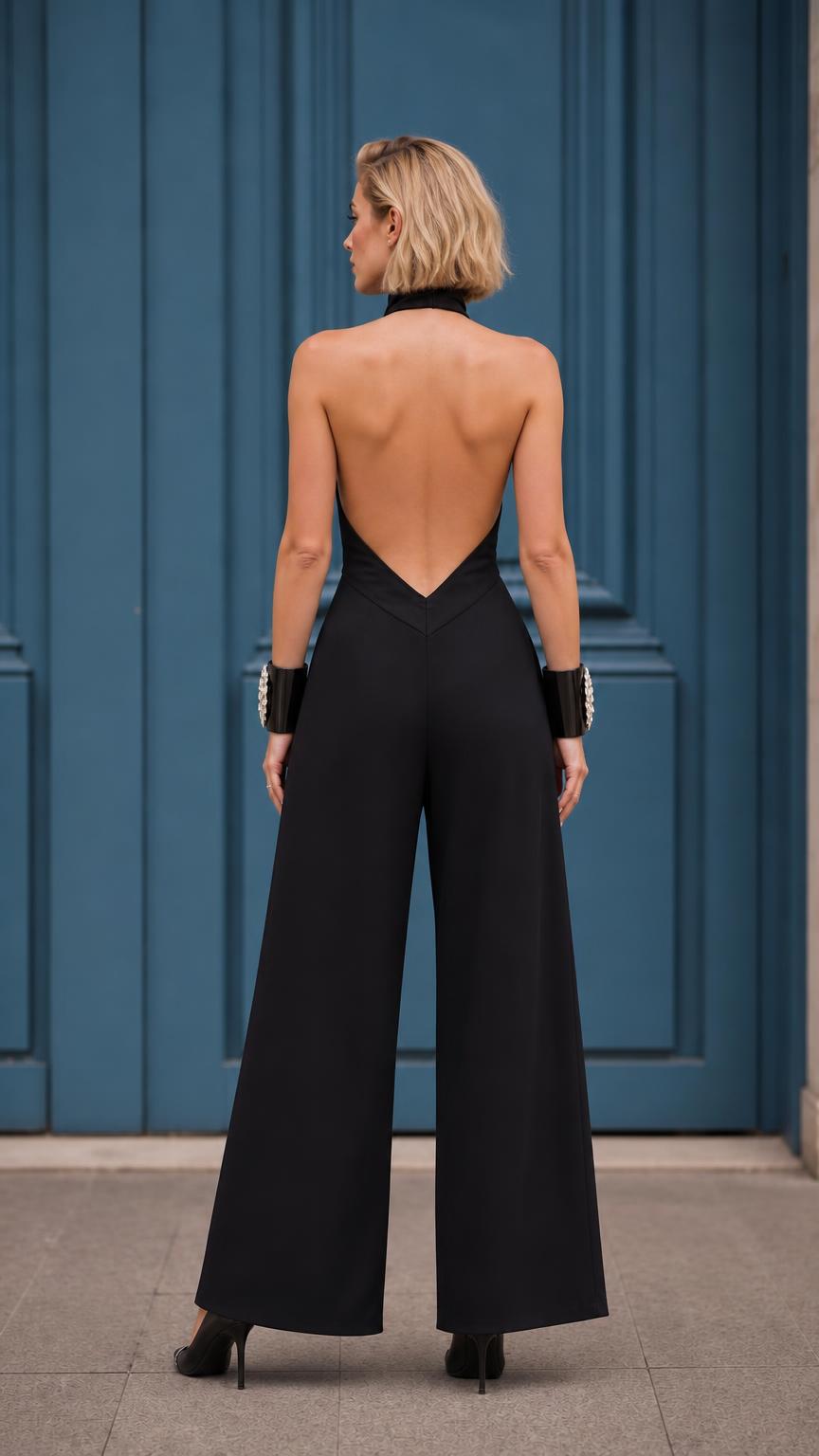 Back view of model showcasing dramatic open back of black formal jumpsuit