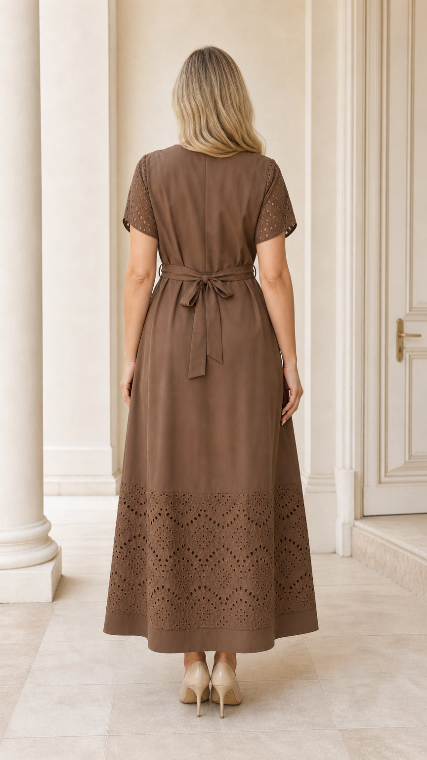 Back view of mocha brown eyelet maxi dress showing back waist tie