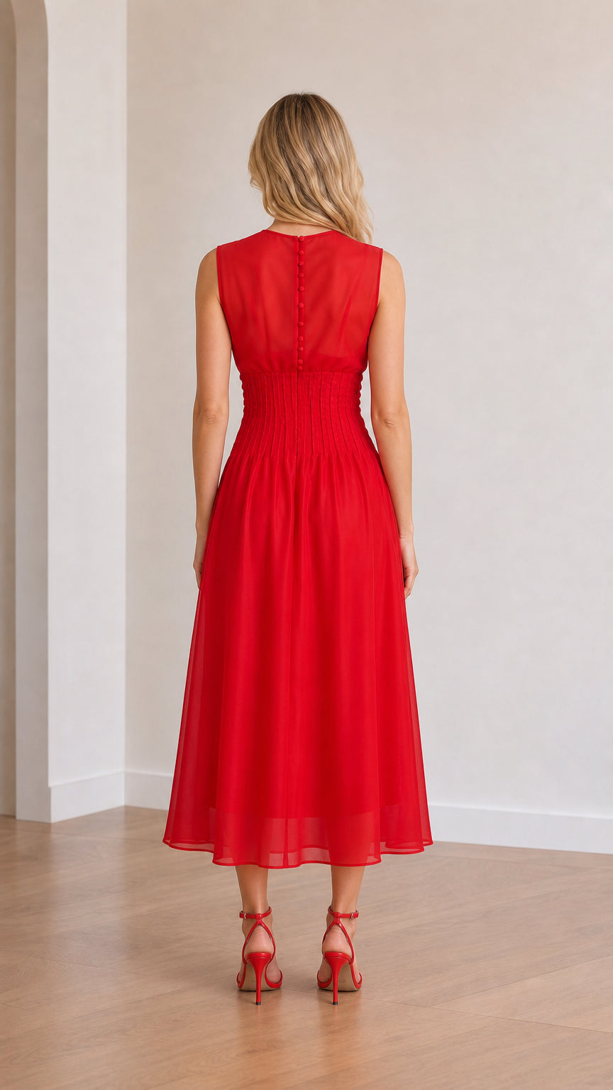 Back view showcasing button details on red midi dress