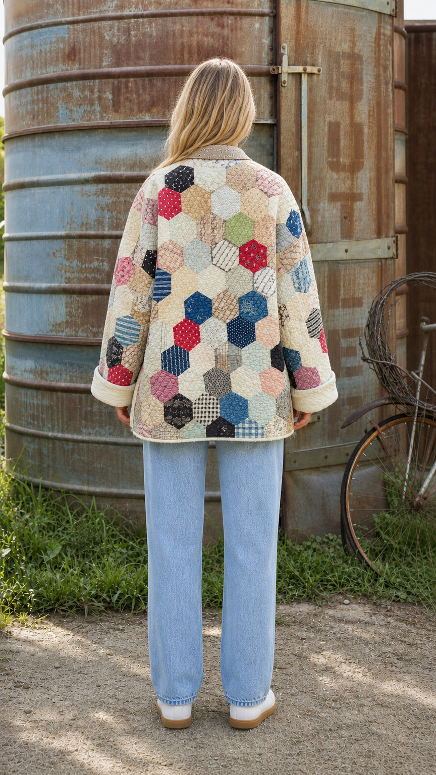 Back view of model wearing cream hexagon patchwork jacket