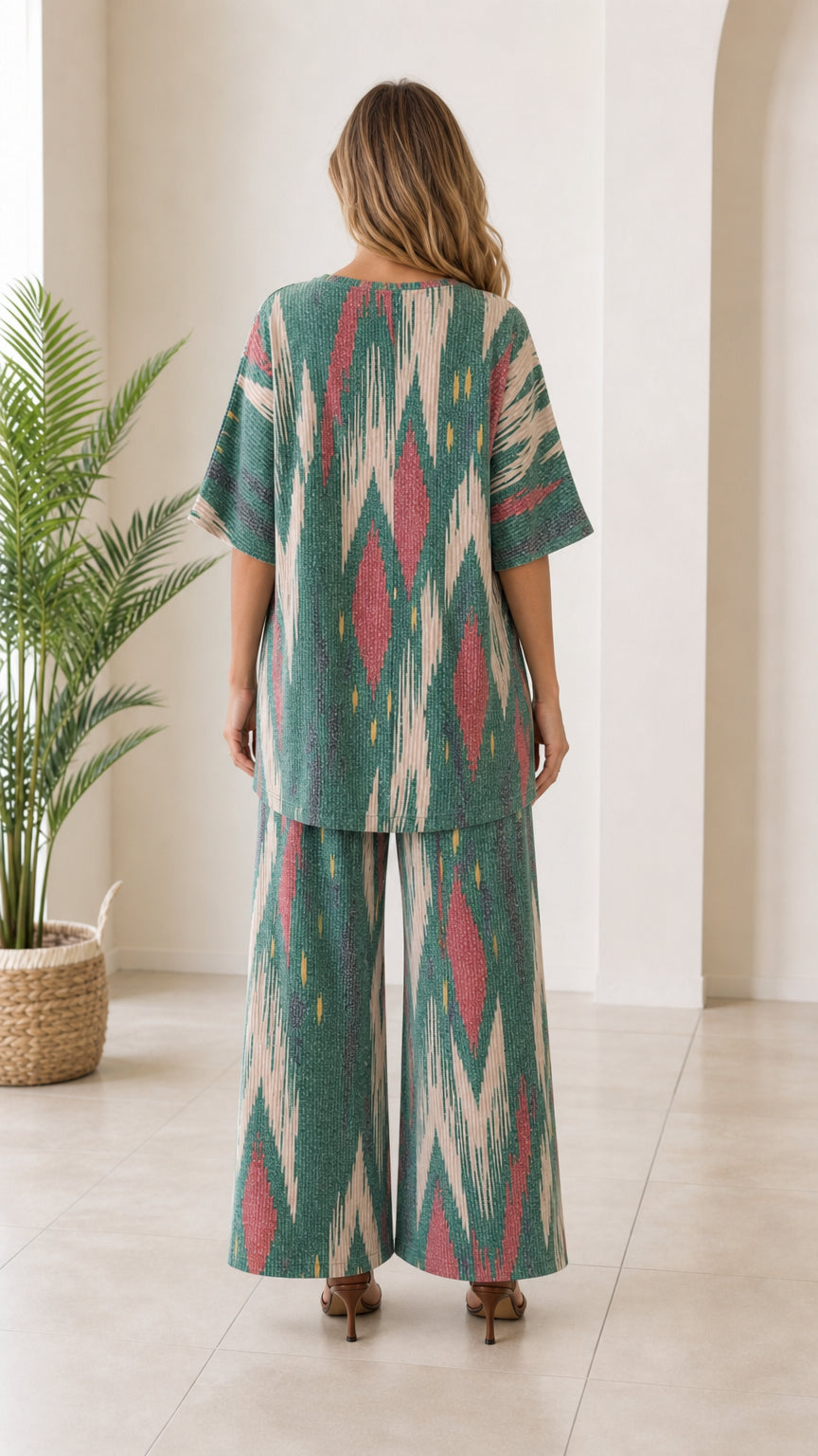 Back view of woman wearing relaxed green ikat print co-ord set