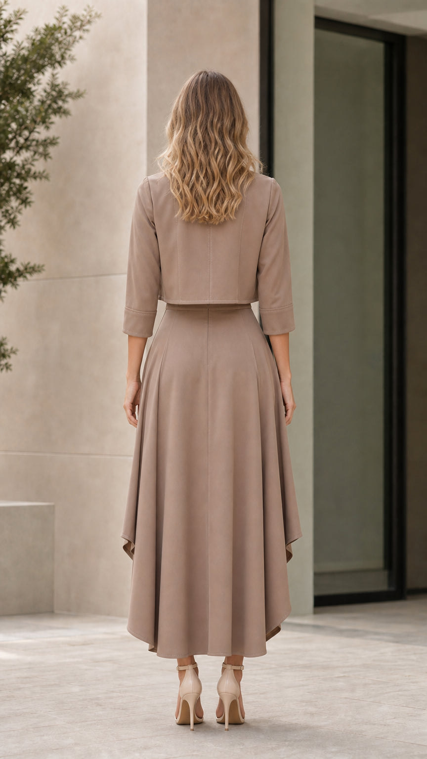 Back view of model wearing taupe two-piece cropped jacket and maxi skirt