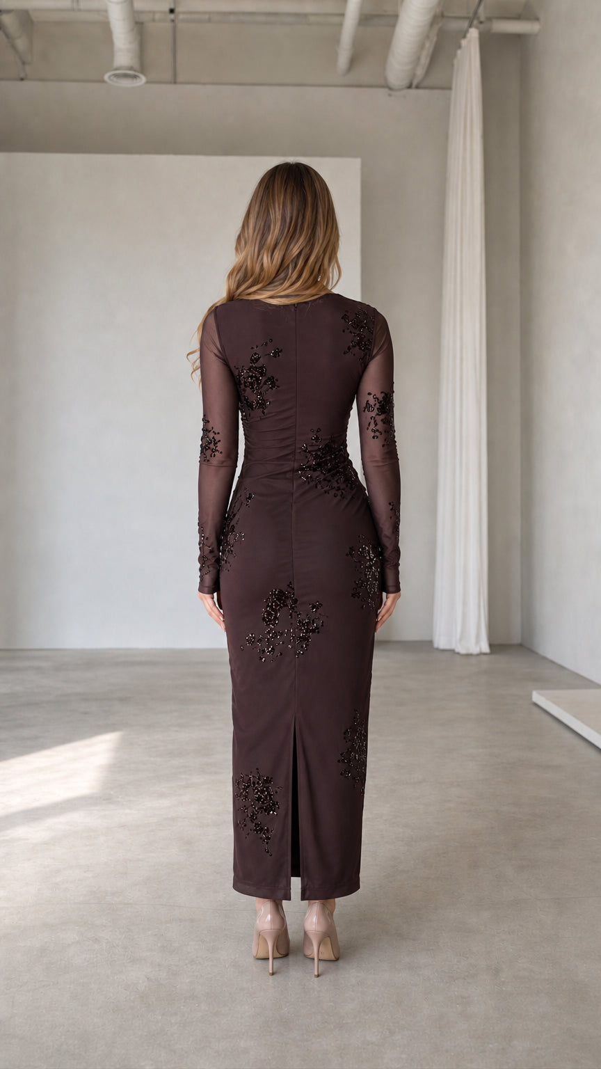 Back view of brown long sleeve maxi dress