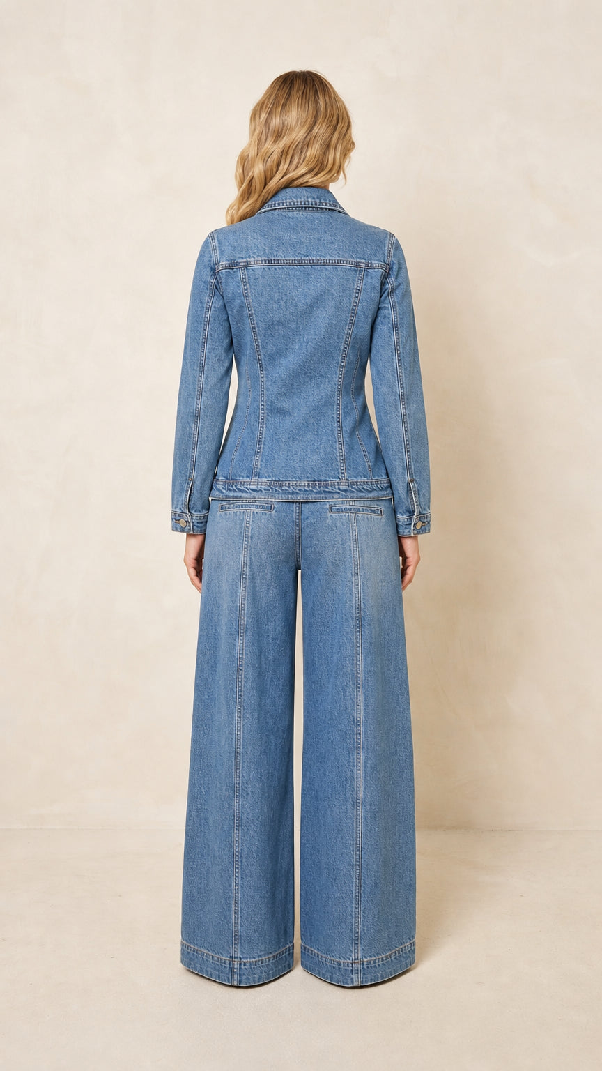 Back view of the medium wash blue matching denim-style jacket and pants set