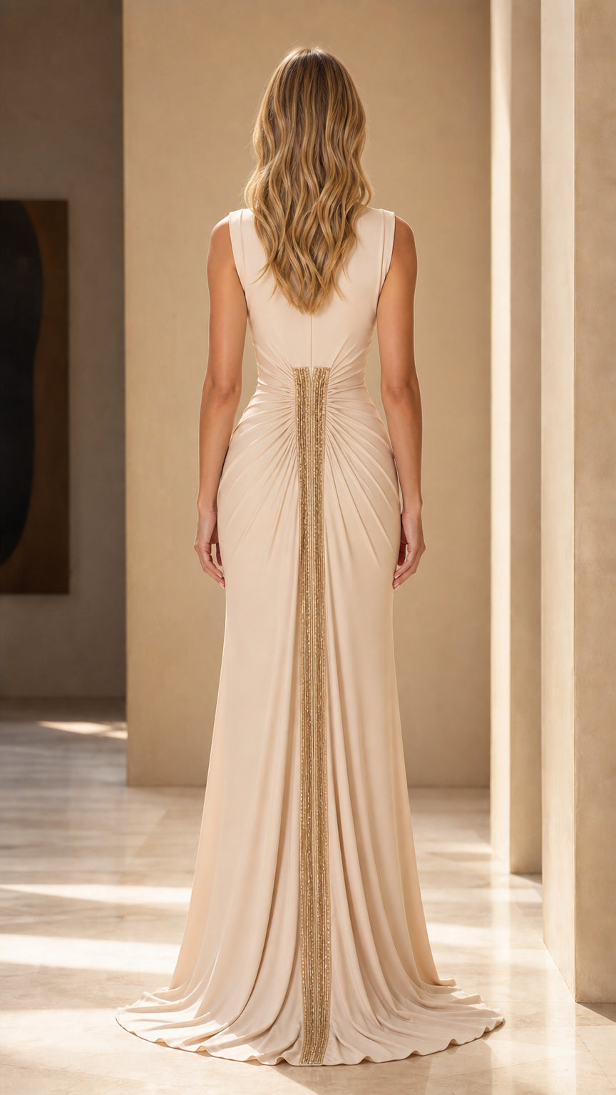 Back view of beige evening gown with sequin spine accent and small train