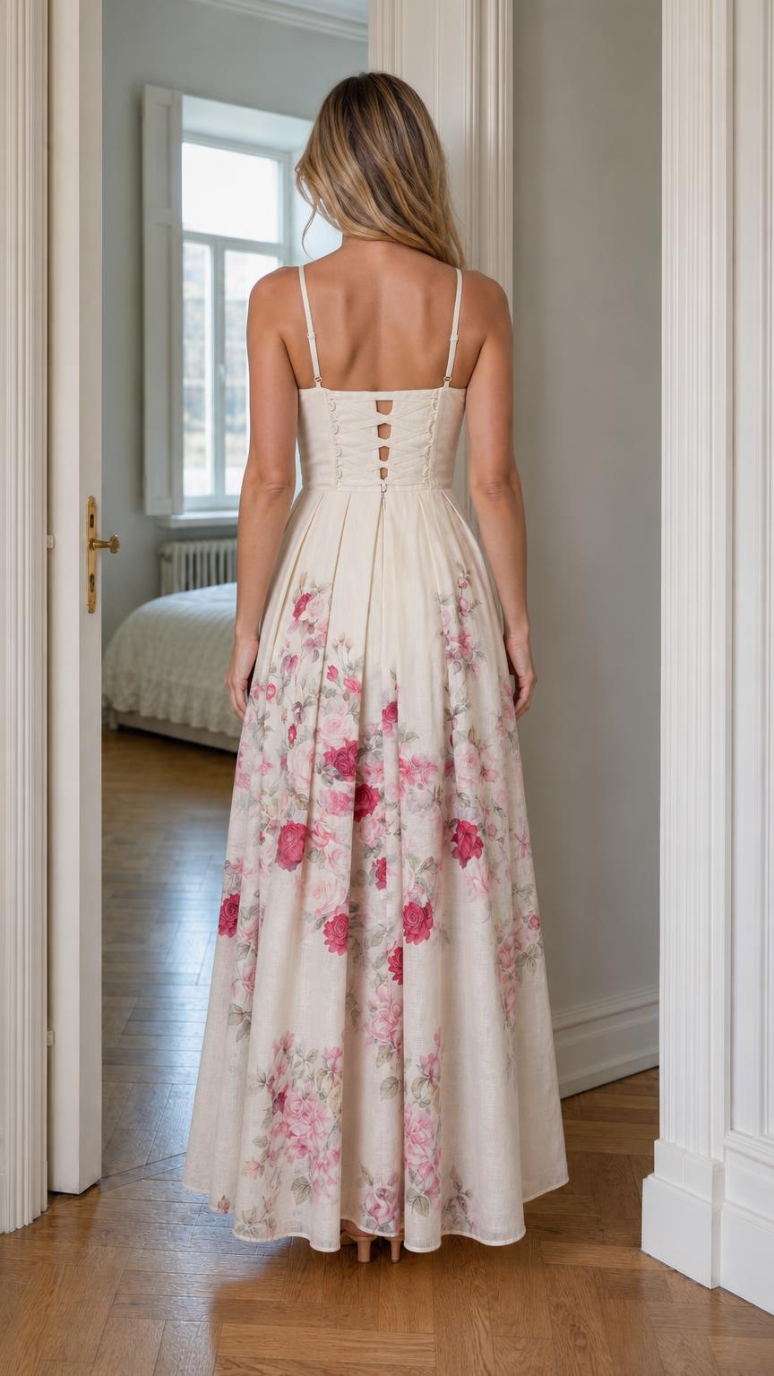 Back view of off-white floral maxi dress showing button details
