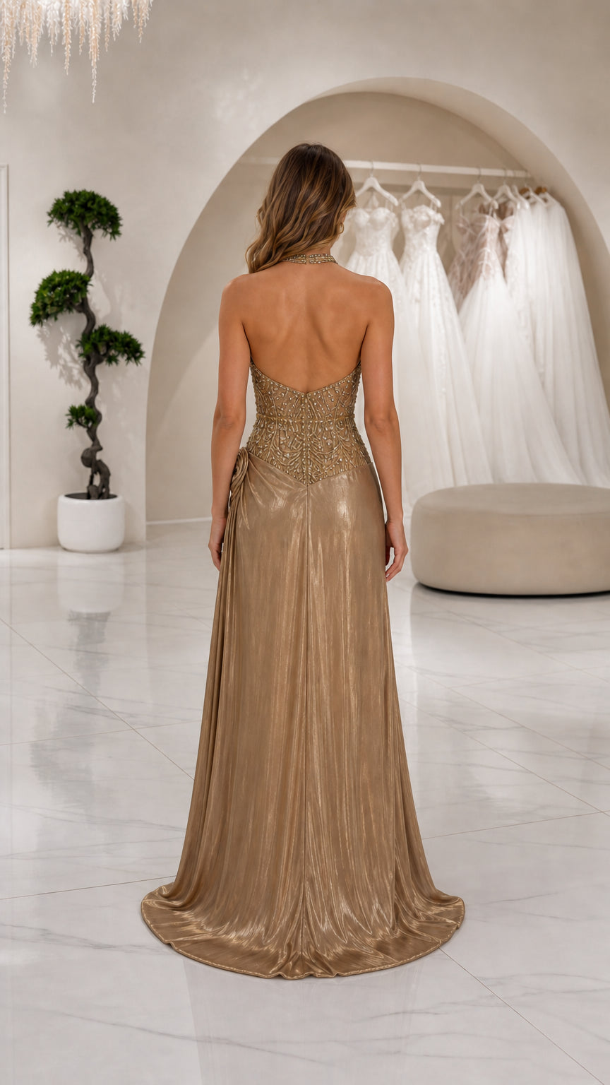 Champagne Gold beaded evening dress back view displaying open back design