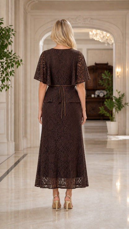 Back view of brown lace maxi dress showing tie detail