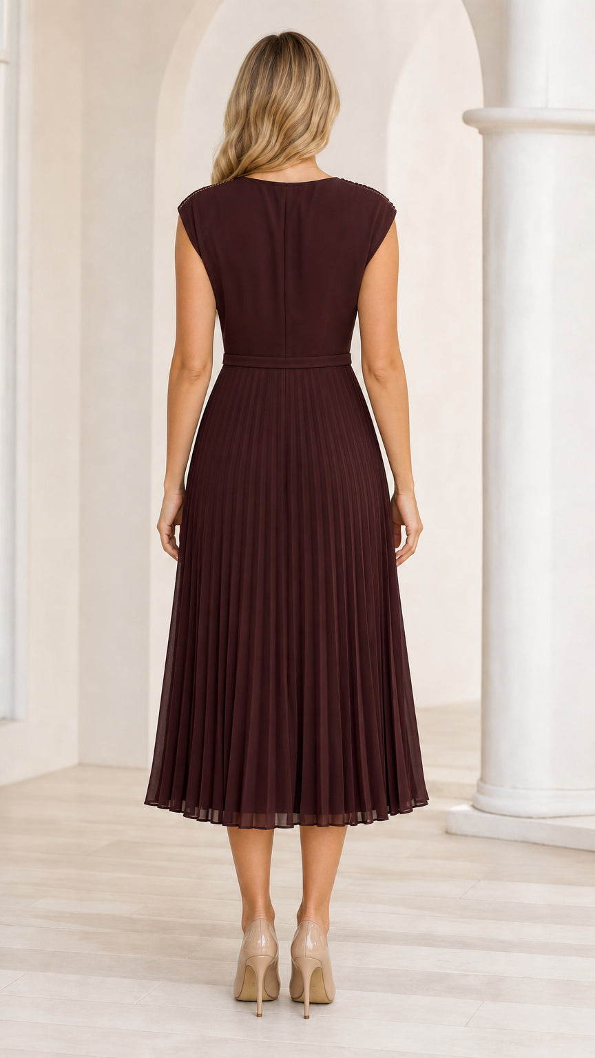 Back view of burgundy cowl neck pleated midi dress