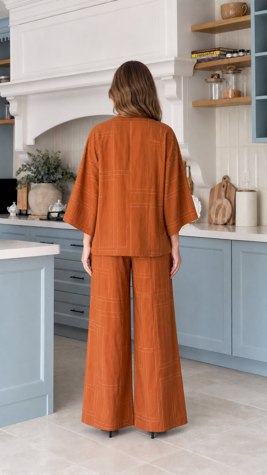 Back view of model wearing Rust 2-piece wide-leg trousers and top set