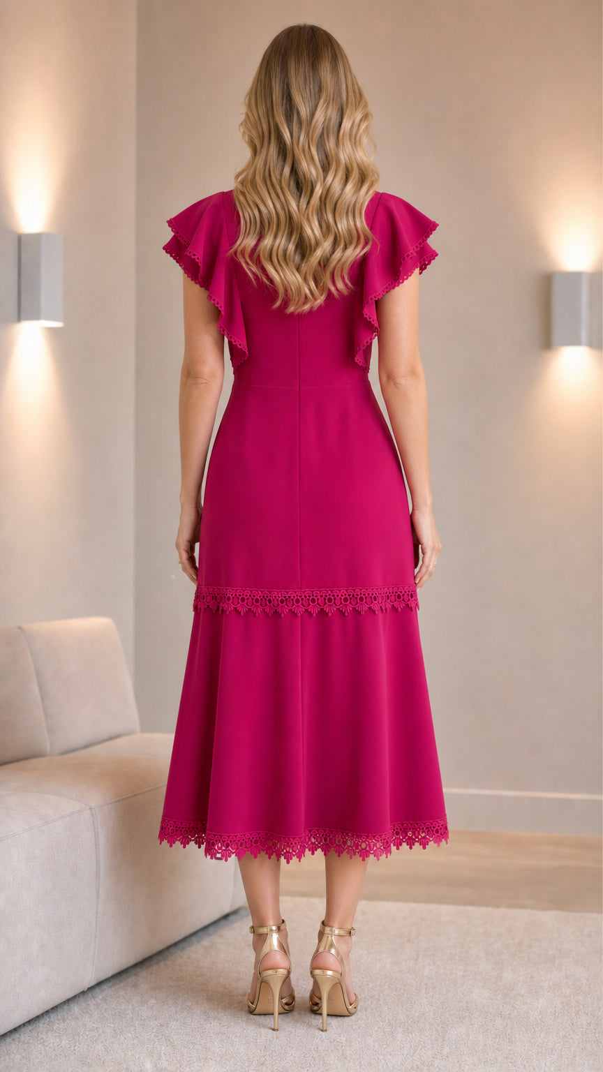 Back view of fuchsia midi dress showing lace trim hem
