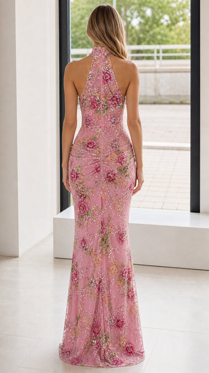 Back view of pink floral embroidered halter evening dress