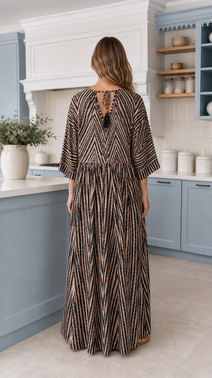 Back view of Mocha Brown wide-leg jumpsuit showing gathered waist and back neckline