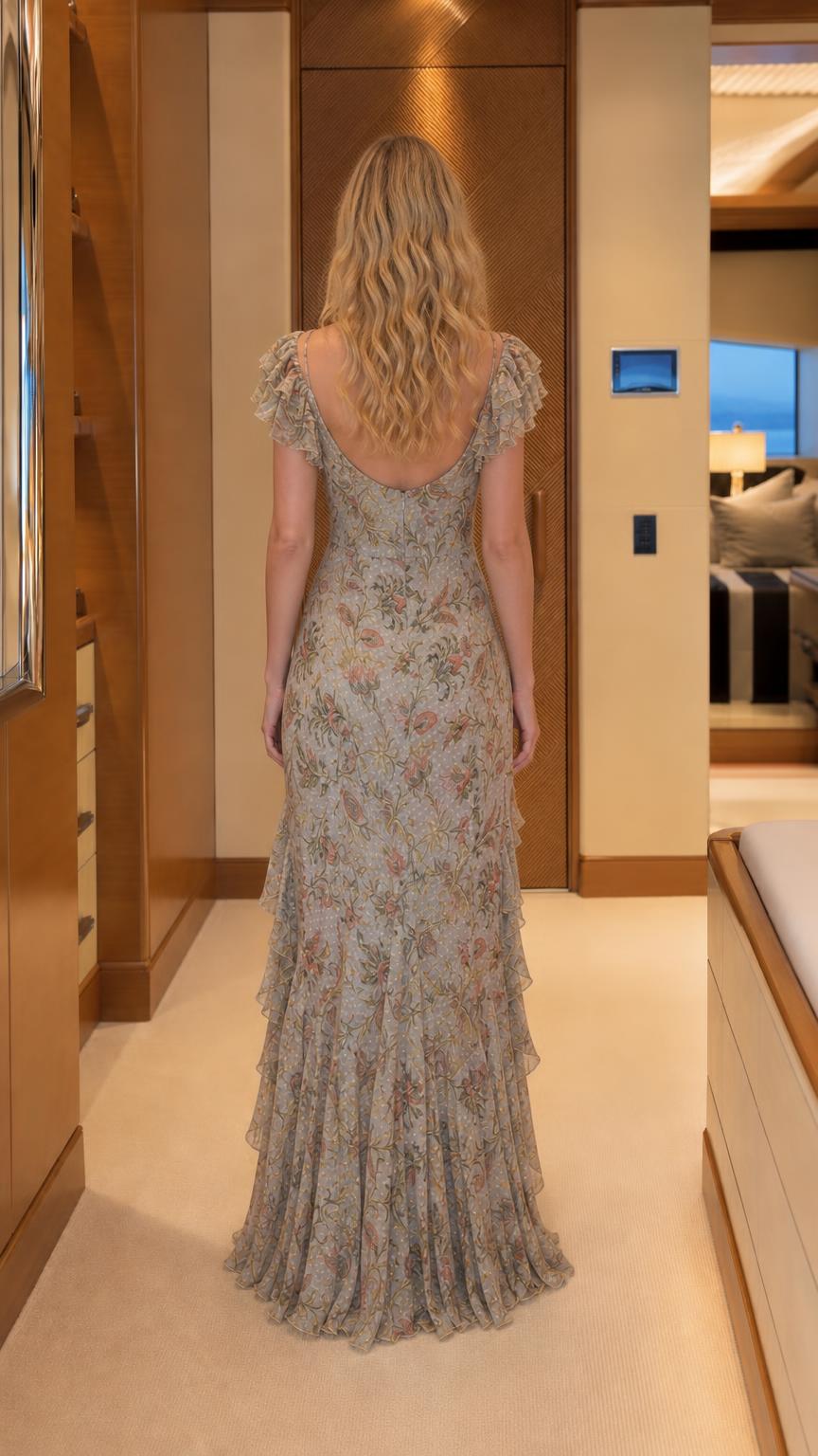 Back view of model in sage floral maxi dress with scoop back