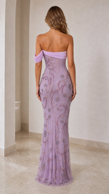 Back view of lavender formal evening gown