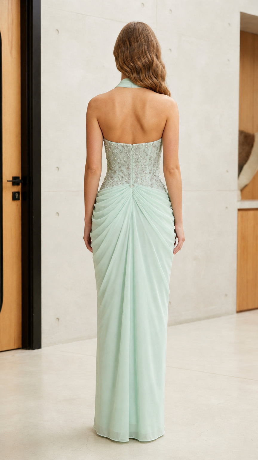 Mint green open back halter evening gown - back view