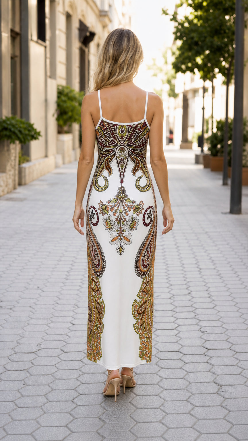 Back view of white paisley maxi dress