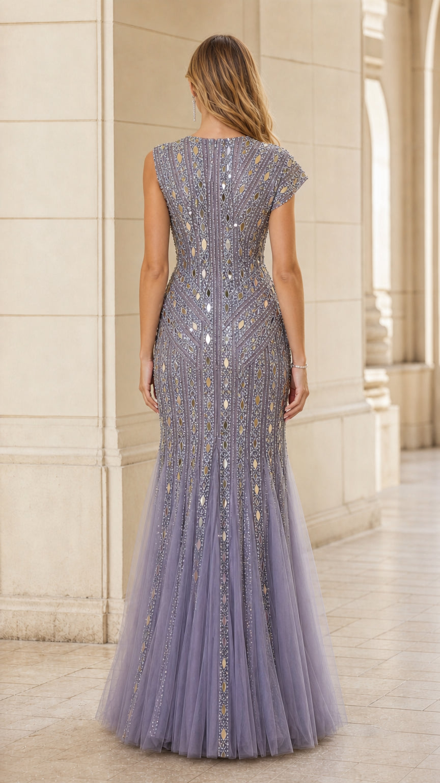 Back view of dusty blue sequin embellished mermaid evening dress
