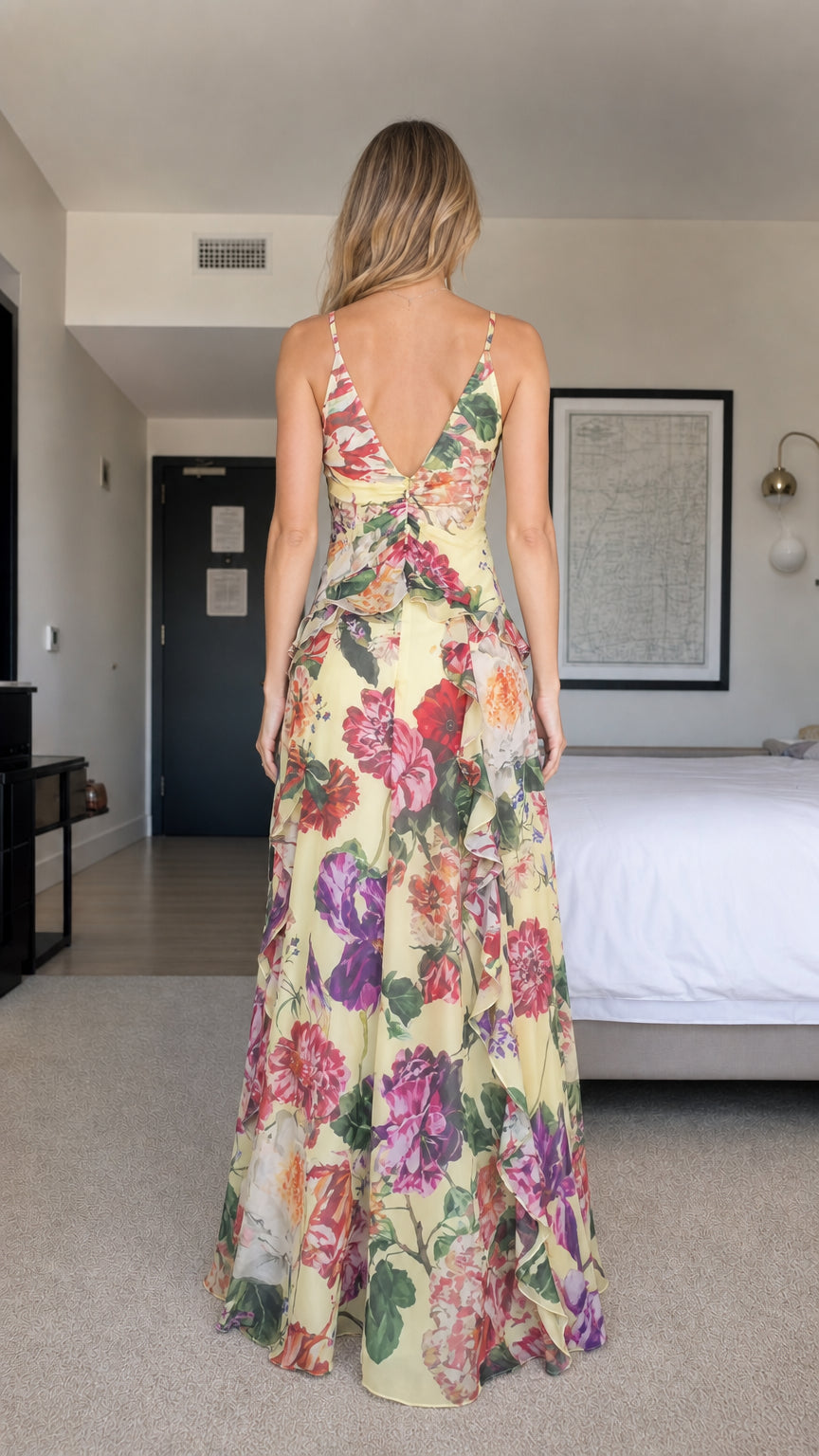 Back view of yellow floral maxi dress showing V-back design