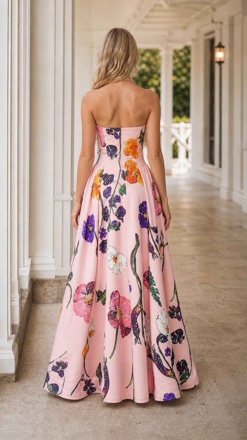 Back view of pink floral evening gown