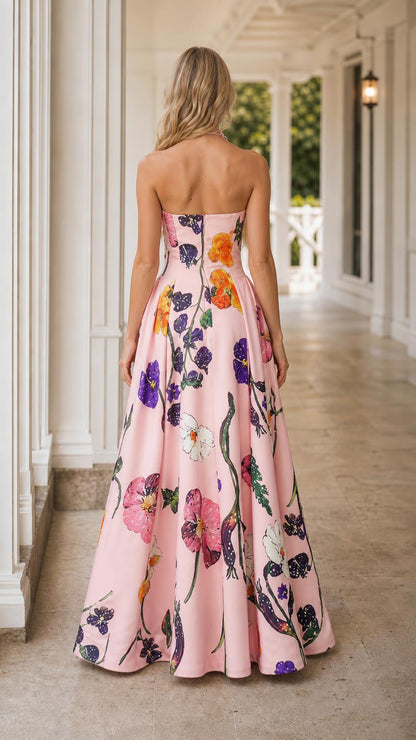 Back view of pink floral evening gown