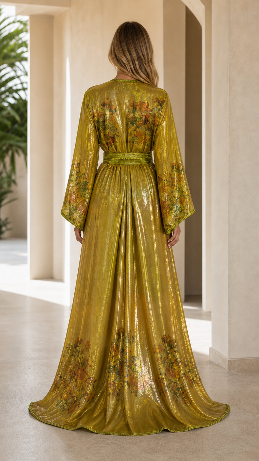 Back view of the floor-sweeping olive green metallic evening kaftan gown