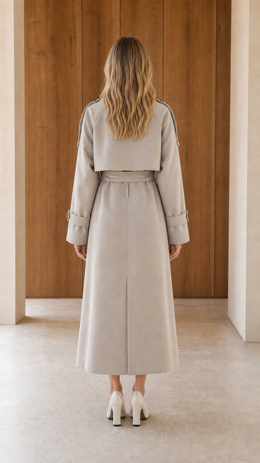 Back view of model wearing a long light grey belted trench coat showing storm flap