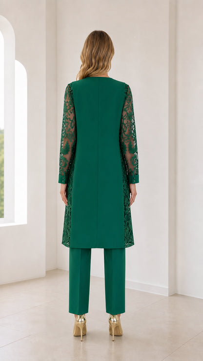 Model wearing green 3-piece set, back view