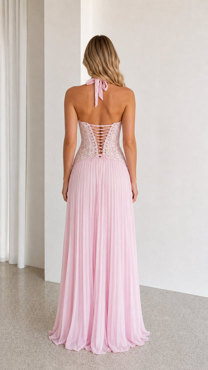 Pink maxi dress showing lace-up back detail
