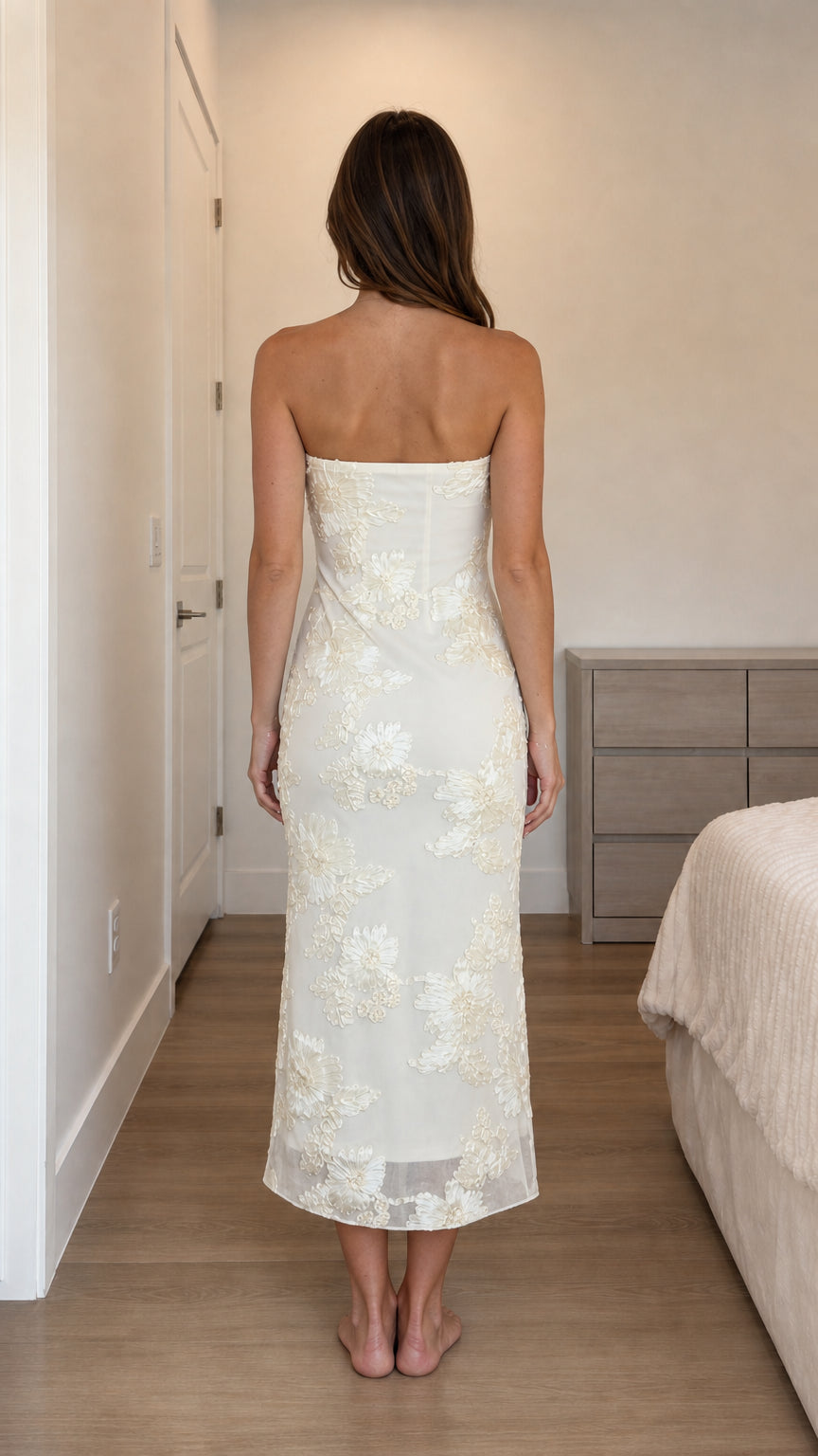 Back view of ivory strapless midi dress
