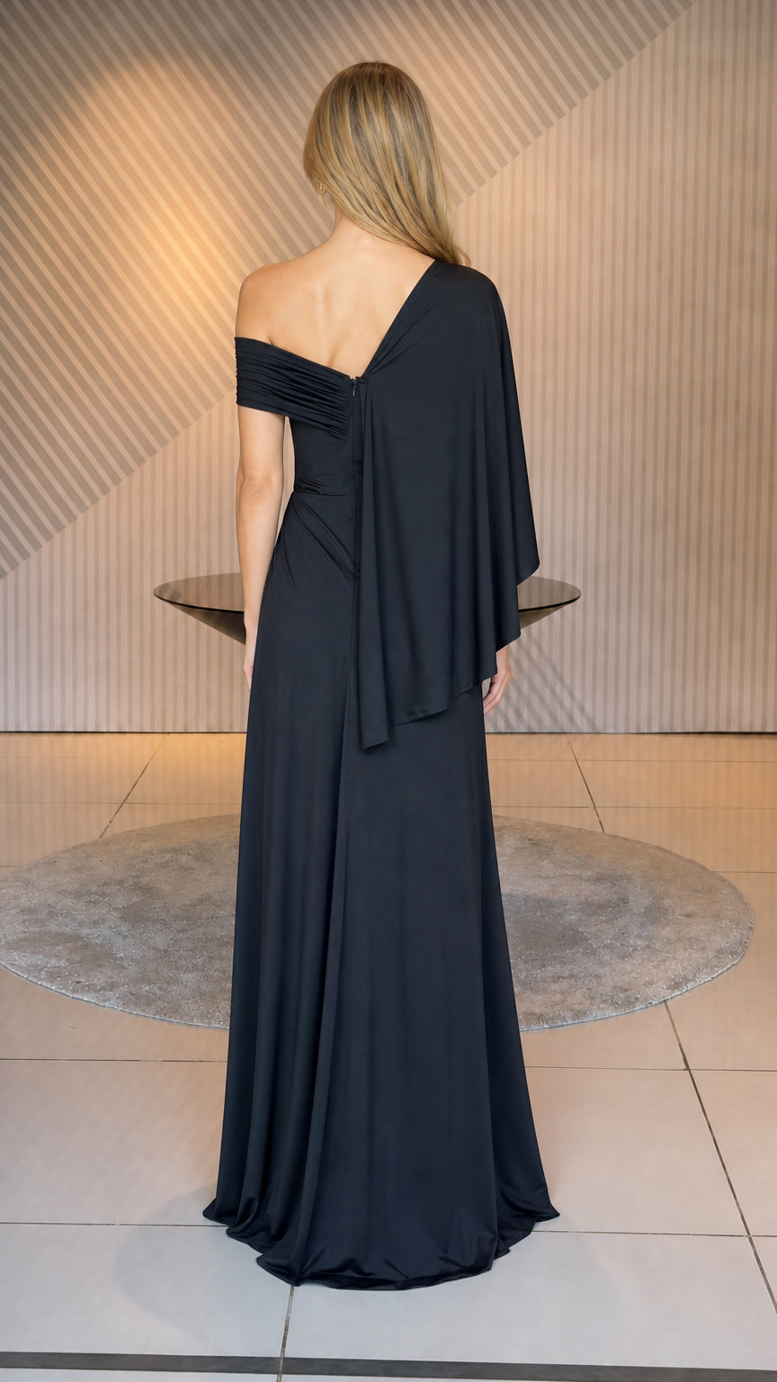 Back view of black one-shoulder evening dress