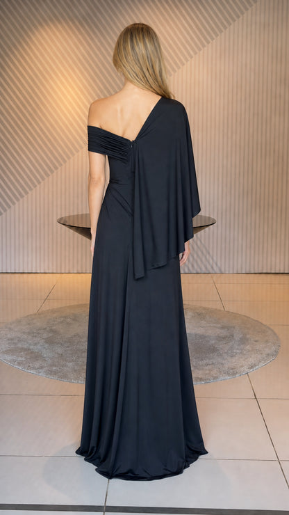 Back view of black one-shoulder evening dress