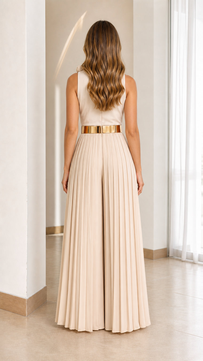 Beige pleated jumpsuit back view