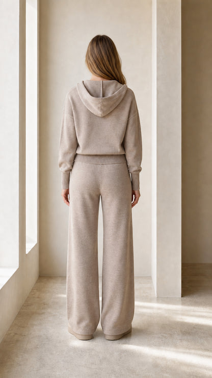 Back view of the taupe women's hoodie and full-length pants set