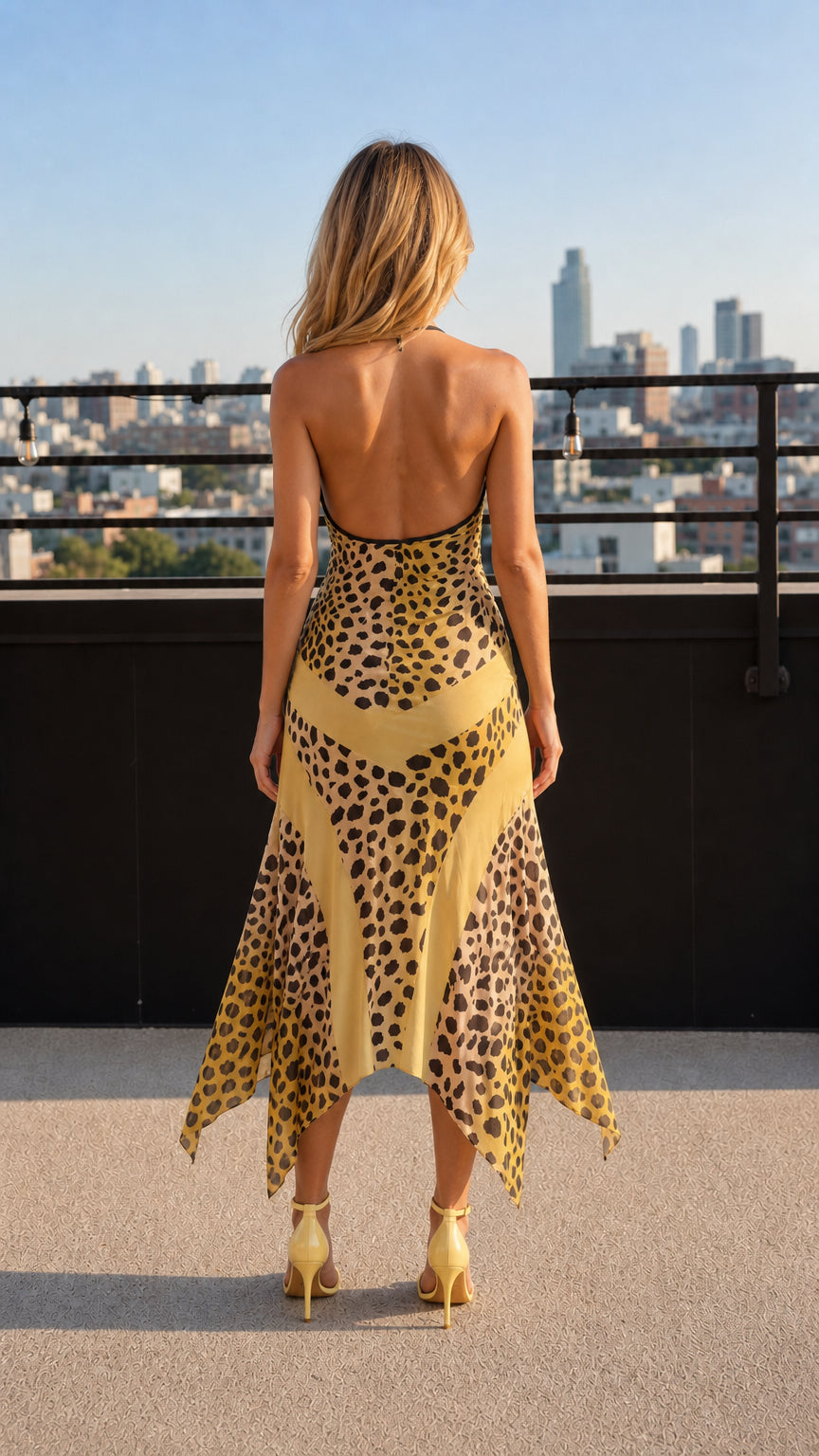 Back view of model showing open back detail of yellow leopard print dress